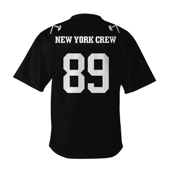 A Judge brand black sports jersey with a v-neck collar, "NEW YORK CREW" in bold white letters above a large white number 89 on the back, made from breathable polyester tricot mesh for comfort.