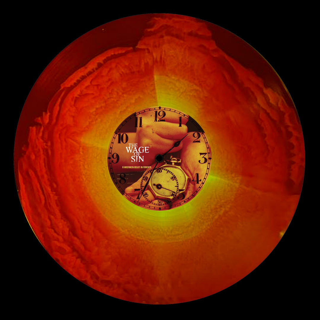 A round, orange-red limited edition vinyl from The Wage Of Sin features swirling patterns, a central clock face, and overlapping images of a hand and pocket watch on the cover.
