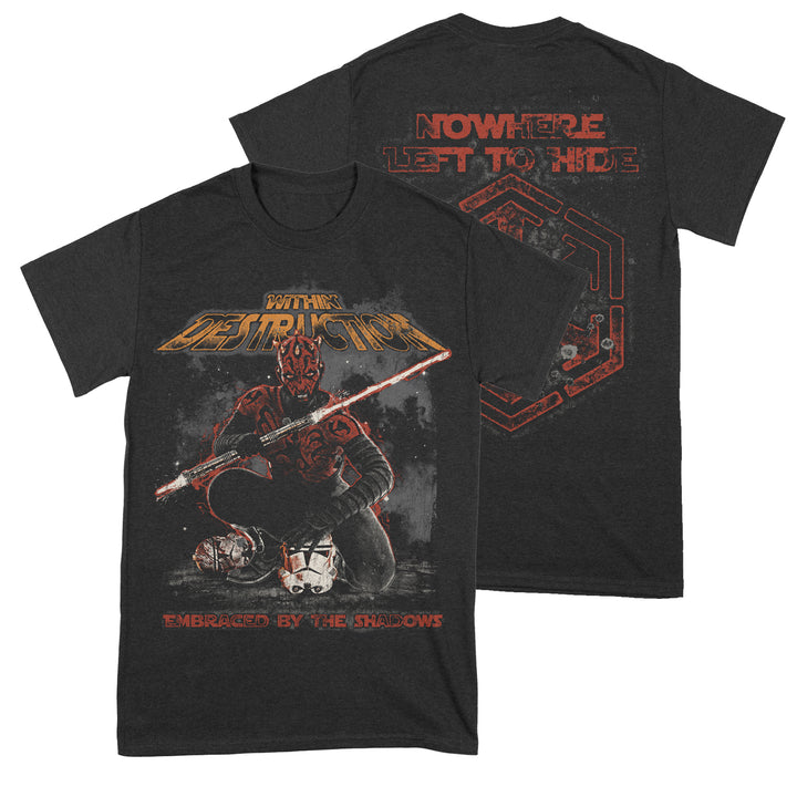 This limited edition Within Destruction black tee features a sci-fi character with red markings and a double-bladed weapon. "Destruction" is above, "Embraced by the Shadows" below; back reads "Nowhere Left to Hide." American Apparel fabric.