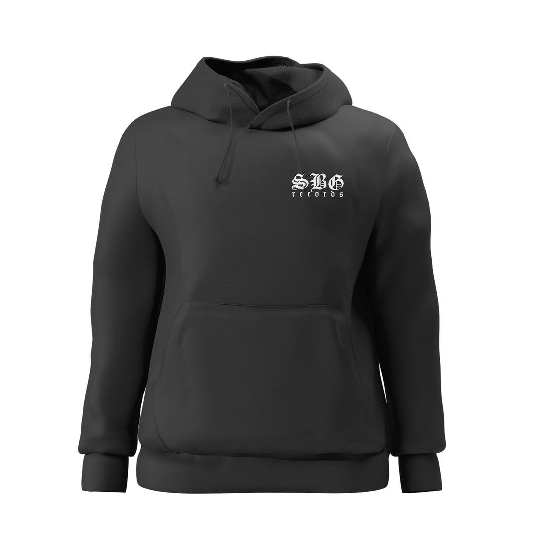 A black pullover hoodie by SBG Records featuring a relaxed fit, front pocket, and "SBG Records" in white gothic font on the left chest. The minimalist design makes it a versatile addition to any wardrobe.