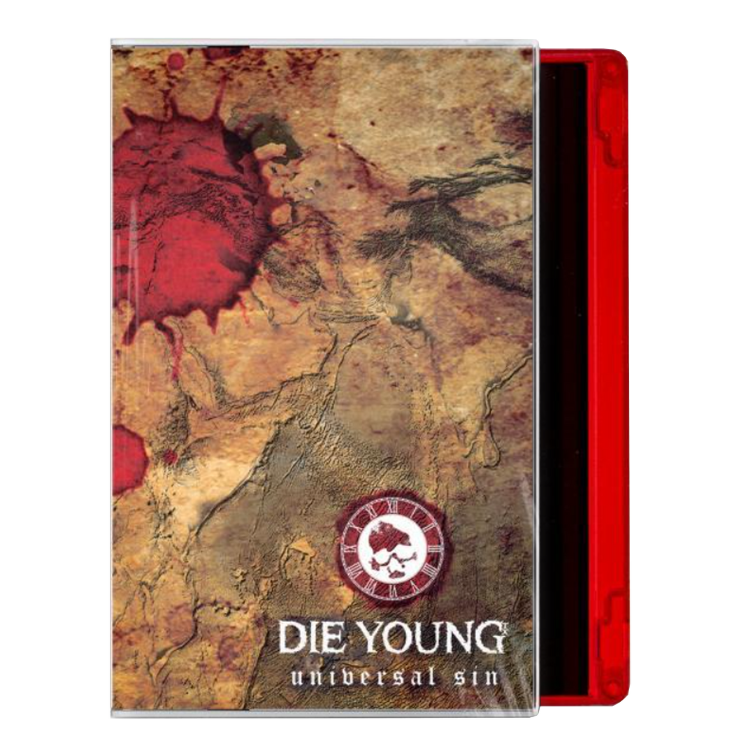 A hardcore EP cassette from Die Young, featuring a red case with abstract stains and earthy textures. The cover reads "Universal Sin" with a circular logo above the title.