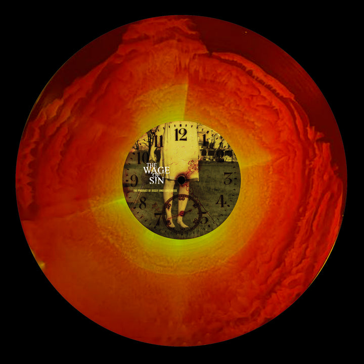 This limited edition round red-orange vinyl by The Wage Of Sin features swirling patterns, a central clock face with a cross and figure, on a faded yellow background—an ideal collector's piece for metalcore fans.