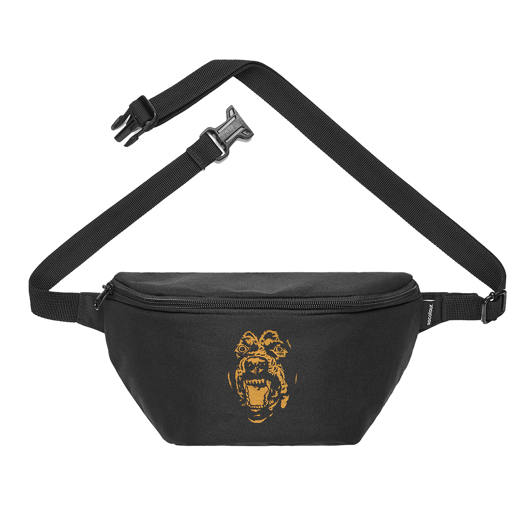 A Castle Jackal fanny pack with an adjustable strap and zippered main compartment, featuring a bold gold gorilla face graphic on the front.
