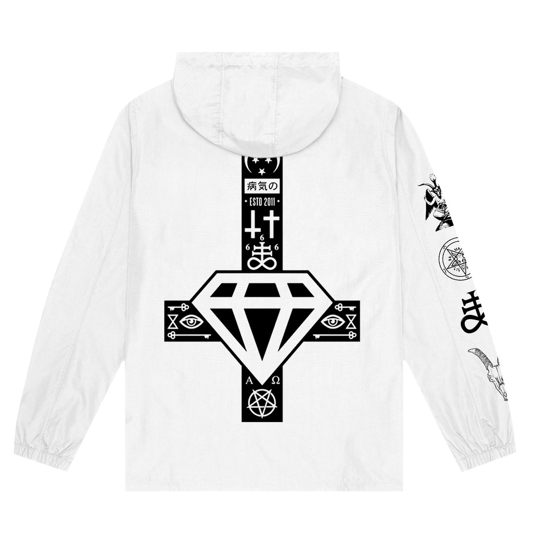 Stay Sick Clothing’s white zip-up hoodie features bold black occult and geometric designs on the back—including a diamond, inverted cross, mystical eyes, and symbols—with extra detailed artwork on the right sleeve.
