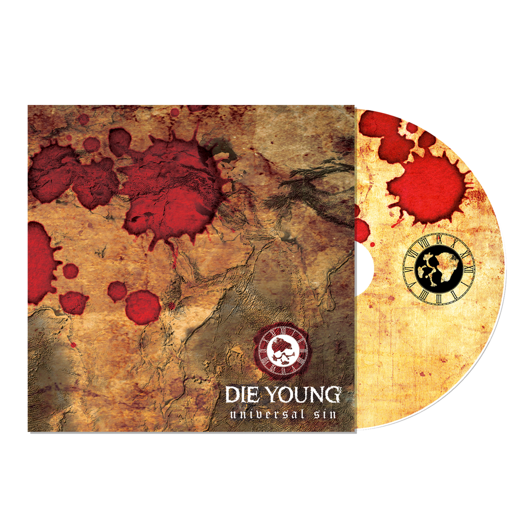 Die Young brand EP "Universal Sin" vinyl and album cover feature a distressed brown parchment with red blotches and a small clock. Includes text: Die Young Universal Sin. Digital download available.