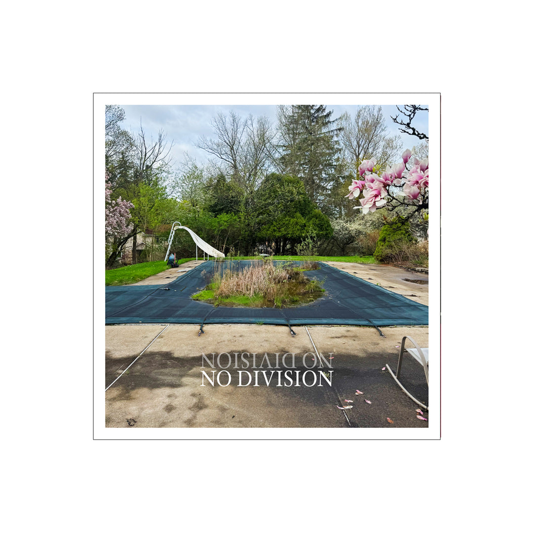 A covered pool with overgrown grass in the center, surrounded by trees and pink flowers. The phrase NO DIVISION is upside down on the cover’s bottom edge—ideal for a No Division 6 Songs digital download release.