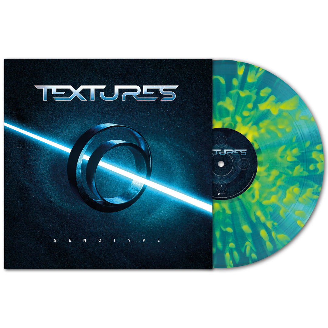Album cover for Textures Genotype, showcasing a blue and black abstract design with the Textures logo, circle, and diagonal light beam. The Coke bottle green splatter LP peeks out—a must-have progressive metal collectible from Textures.