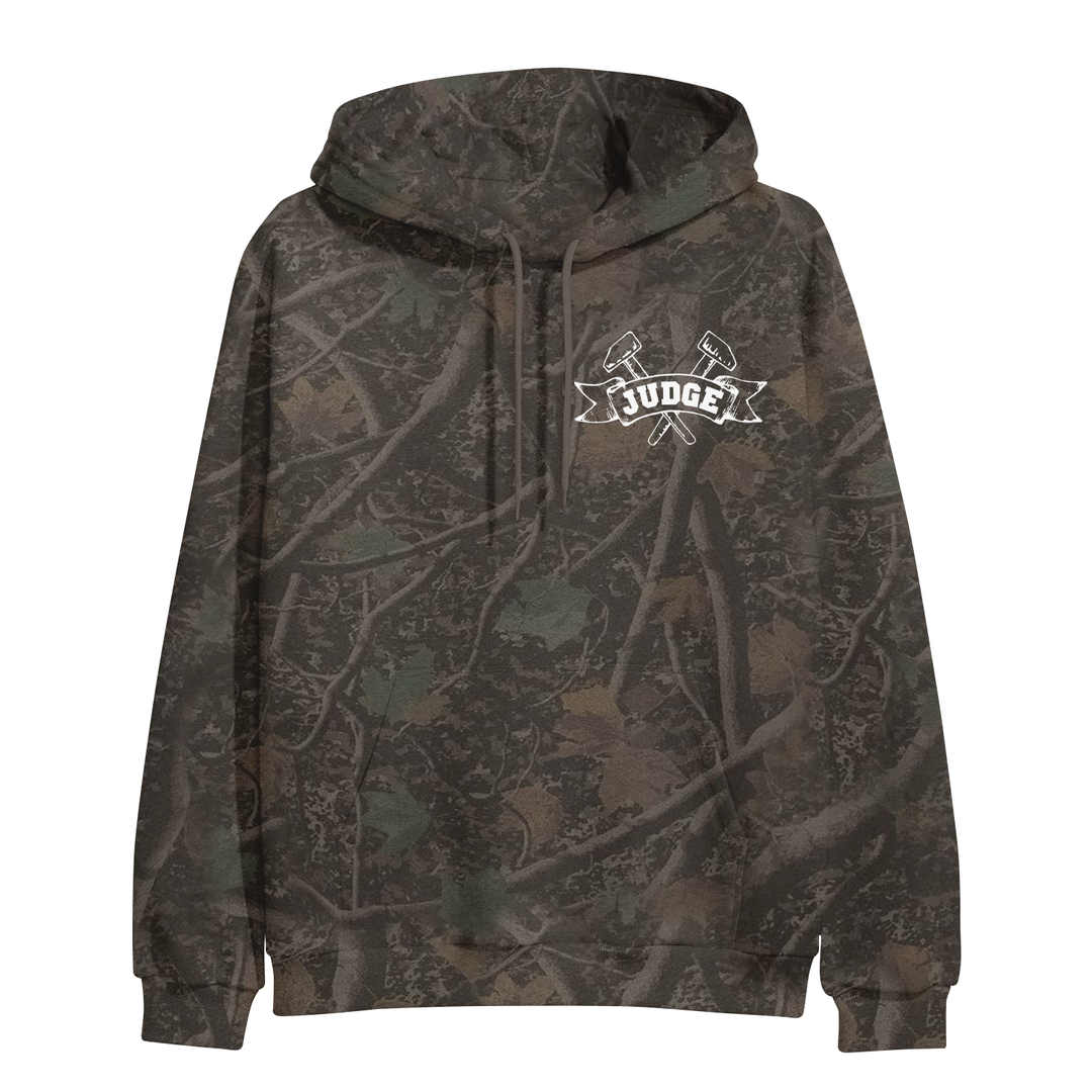Camouflage IND4000 hooded sweatshirt featuring a white JUDGE logo and crossed hammers graphic on the chest.