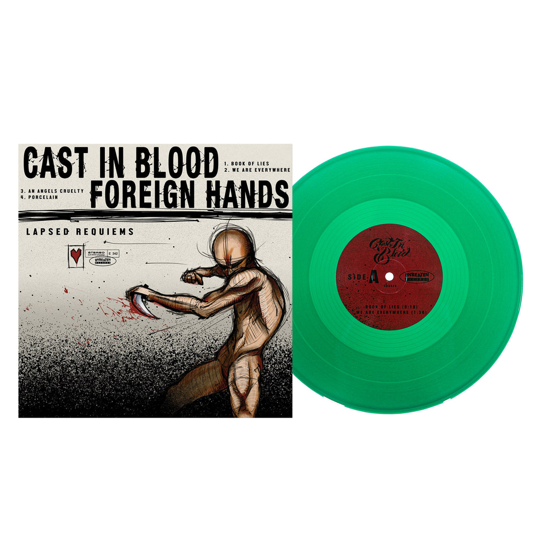 Vinyl record with green disc and 'Cast in Blood Foreign Hands' album cover on a white background