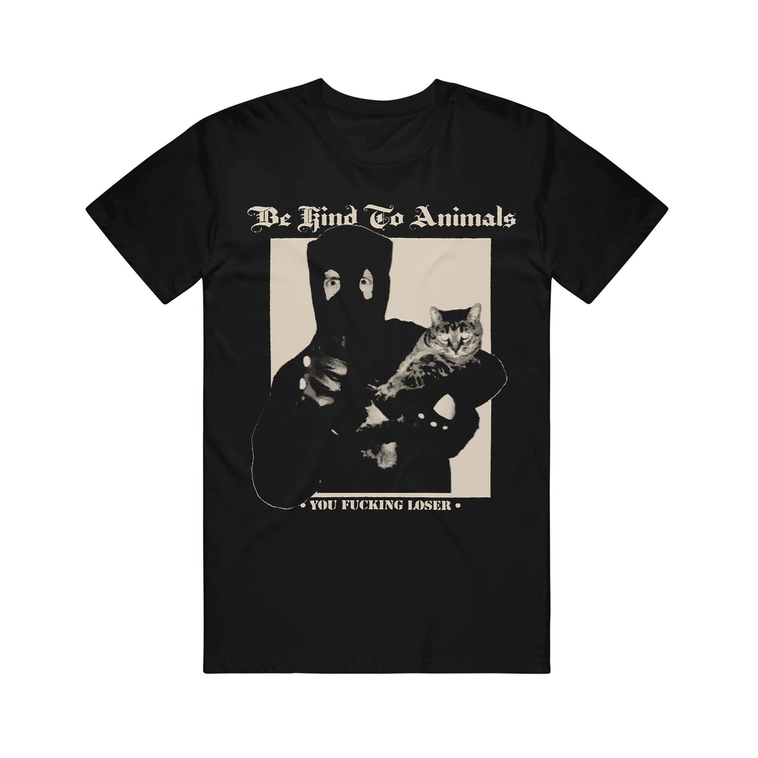 Black Comfort Colors t-shirt from Castle Jackal featuring a bold vintage graphic: a person in a balaclava holding a cat, with "Be Kind To Animals" above and "You Fucking Loser" below. Unique, high-contrast design with attitude.