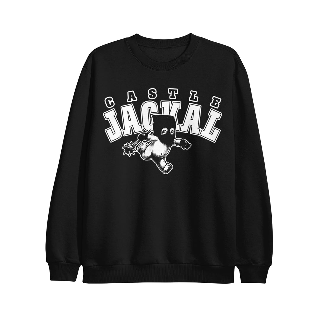 A black Castle Jackal Midweight Independent SS3000 sweatshirt featuring a cartoon character jumping with "Castle Jackal" in bold, curved white letters above and behind.