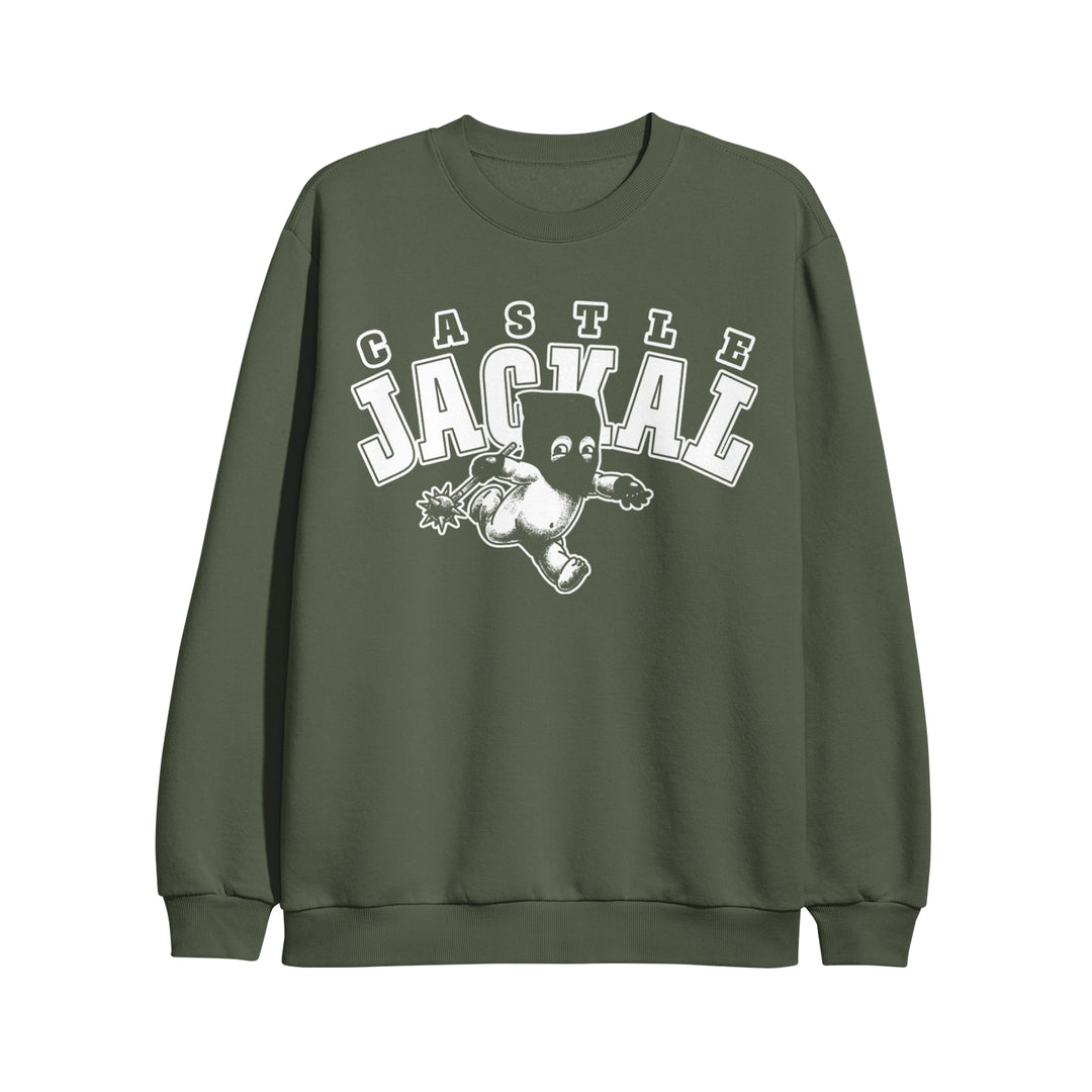 An olive green Castle Jackal Midweight SS3000 sweatshirt with bold white "Castle Jackal" text above a cartoon jackal jumping forward, highlighted by dynamic motion lines.
