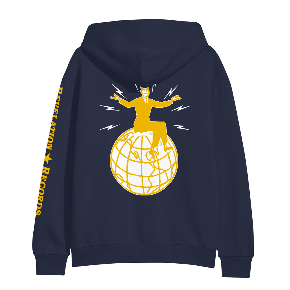 Navy CIV hoodie inspired by printed clothing, showcasing a yellow graphic of a person sitting on a globe with lightning bolts on the back. Yellow capital letters spell REVELATION RECORDS along the sleeve.