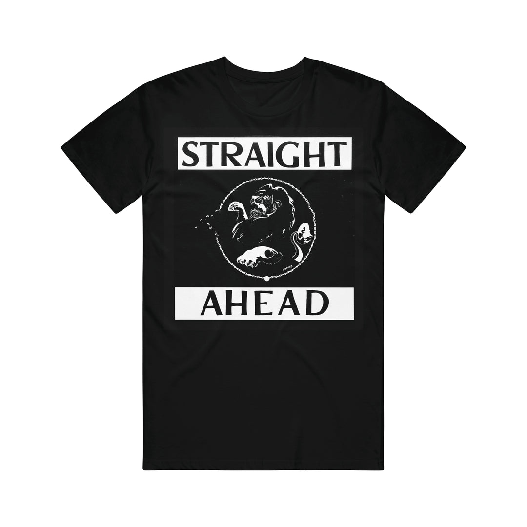The Straight Ahead black Gildan Heavy Cotton t-shirt features bold white "STRAIGHT AHEAD" text above and below a circular graphic of three aggressive fish. Available now for presale.