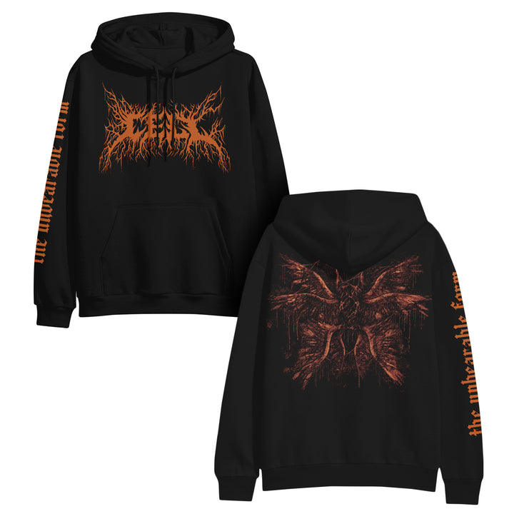 Black hoodie with orange and white designs on a white background