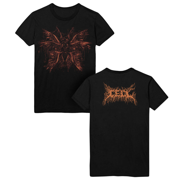 Black t-shirt with red butterfly design on front and logo on back, on a white background