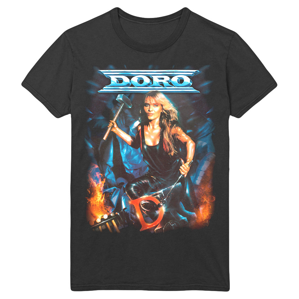 Black Doro T-shirt featuring a graphic of a blonde woman in black holding an axe, surrounded by blue and orange flames, with “DORO” and “Force Majeure” in bold metallic letters above.