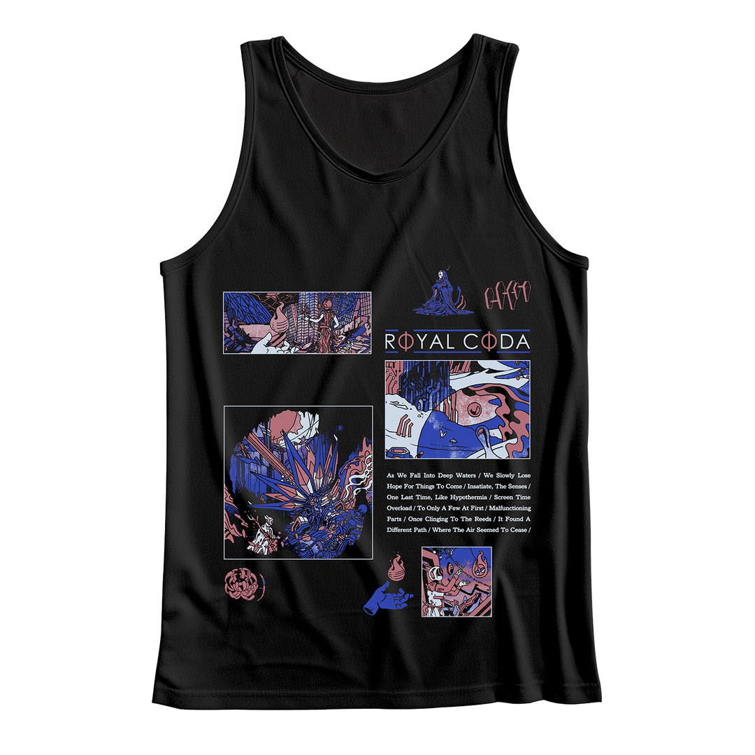Black tank top by Royal Coda with colorful abstract and comic-inspired artwork in purple, blue, and pink plus "ROYAL CODA" text and song titles listed beneath the main design.