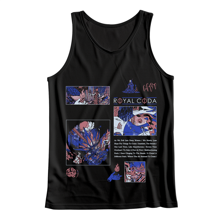 Black tank top by Royal Coda with colorful abstract and comic-inspired artwork in purple, blue, and pink plus "ROYAL CODA" text and song titles listed beneath the main design.