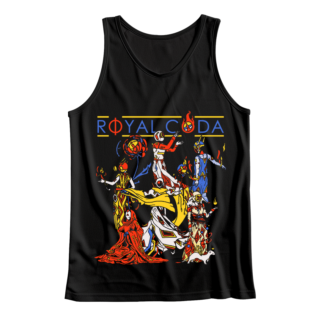 Black tank top by Royal Coda featuring vibrant, abstract Coda characters in dynamic poses with flames and flowing robes, plus the word "ROYALCODA" in an artistic style.