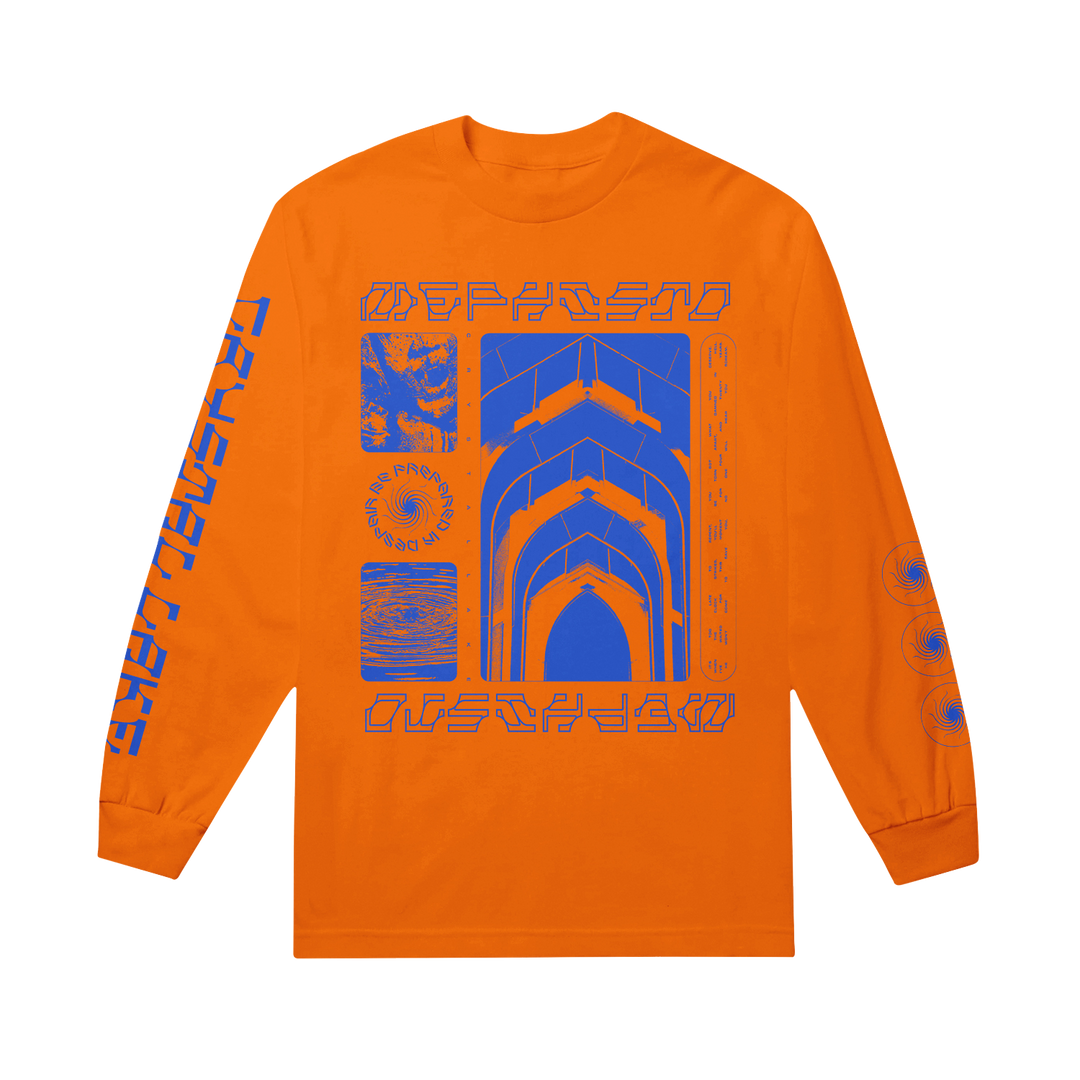 Bold blue graphic designs and abstract text stand out on these bright orange Crystal Lake long sleeve shirts, featuring arch shapes and digital-inspired patterns on the front and left sleeve, all crafted from pre-shrunk fabric for lasting comfort.