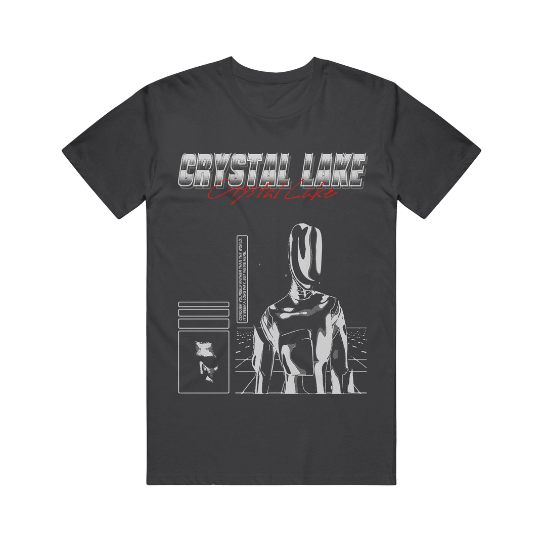 Black t-shirt with 'Crystal Lake' graphic design on a white background