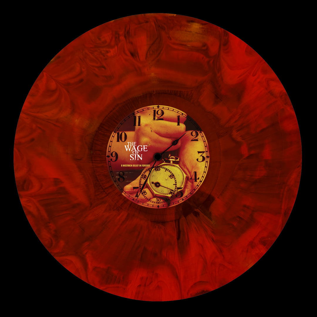 A vibrant red and orange marbled metalcore vinyl by The Wage Of Sin showcases a clock face at its center, featuring an illustration of a hand holding a pocket watch. This limited edition piece is ideal for collectors.