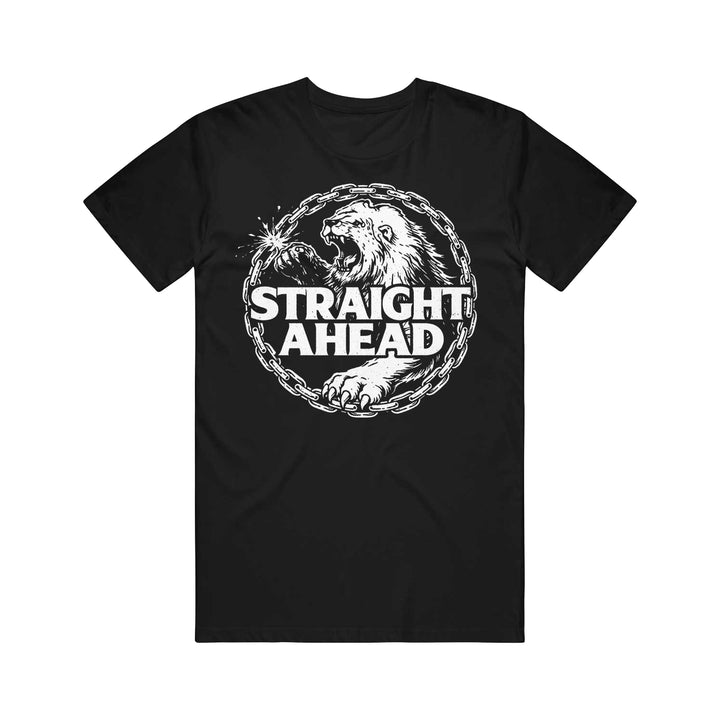 The Straight Ahead black Gildan Heavy Cotton T-shirt features a roaring lion in a chain circle and bold white STRAIGHT AHEAD text. Available for presale; ships 5/15/26.