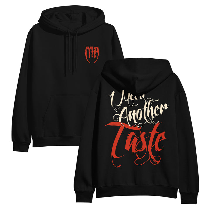 A black Melrose Avenue pullover hoodie shown from front and back. The front displays a small red MA logo on the chest, while the back has bold script reading "You’re Another Taste" in white and red lettering.