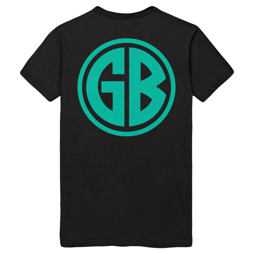 Black Gildan heavy cotton t-shirt by Gorilla Biscuits, featuring a large teal circular logo with bold GB letters on the back—a standout printed garment.