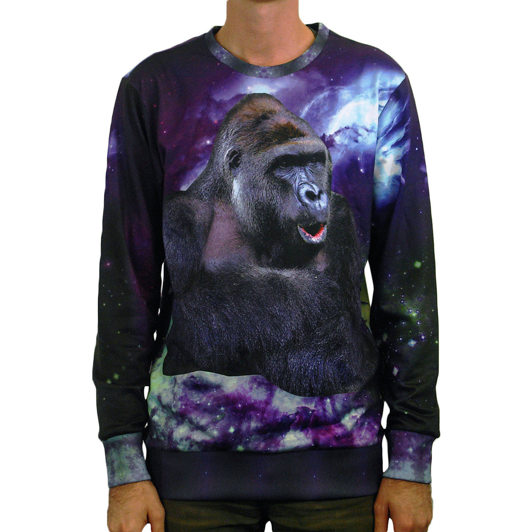 Someone is wearing a Stay Sick Clothing sweatshirt with a large, realistic image of Harambe, mouth slightly open, set against a colorful space-themed background of stars and nebulae in vibrant sublimation print.