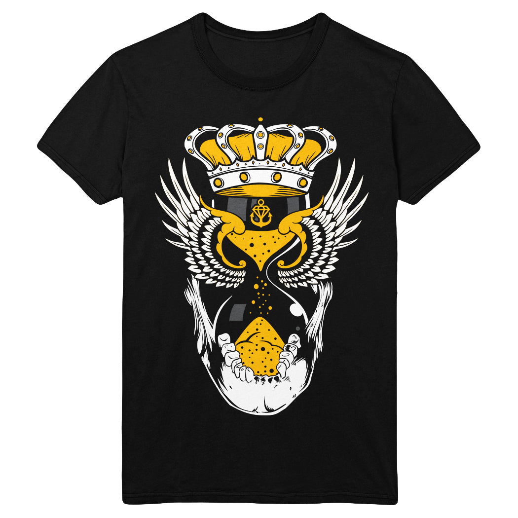 Stay Sick Clothing Black T-Shirt with a bold yellow crown, stylized heart with wings and anchor, white hands cupping the heart, all in striking white and yellow hues plus subtle hourglass details.