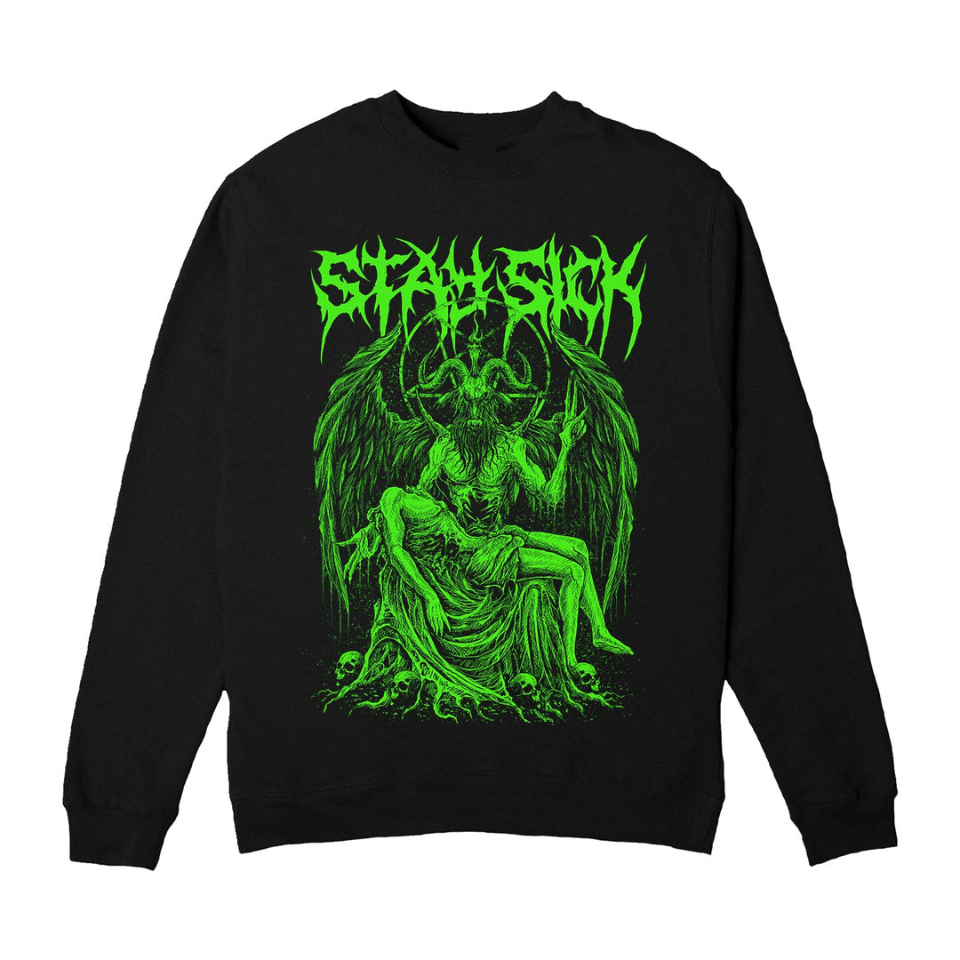 A Black Crewneck sweatshirt by Stay Sick Clothing featuring neon green artwork of a demonic, horned figure with wings holding a limp human, surrounded by skulls and a jagged, unreadable band logo above.