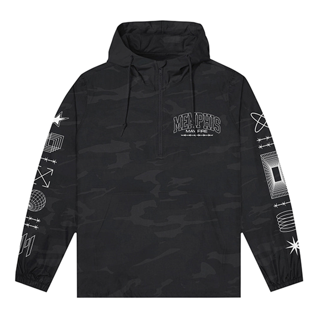 A black camo hooded windbreaker pullover by Memphis May Fire, featuring a half-zip, "Mad Feel" text on the chest, and white geometric and scientific illustrations along both sleeves.