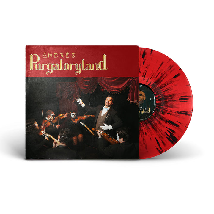 A limited edition red and black splatter vinyl by Andrés is partially pulled from the "Purgatoryland" album cover, which depicts a conductor leading a white-painted string quartet in a dramatic, theatrical scene.