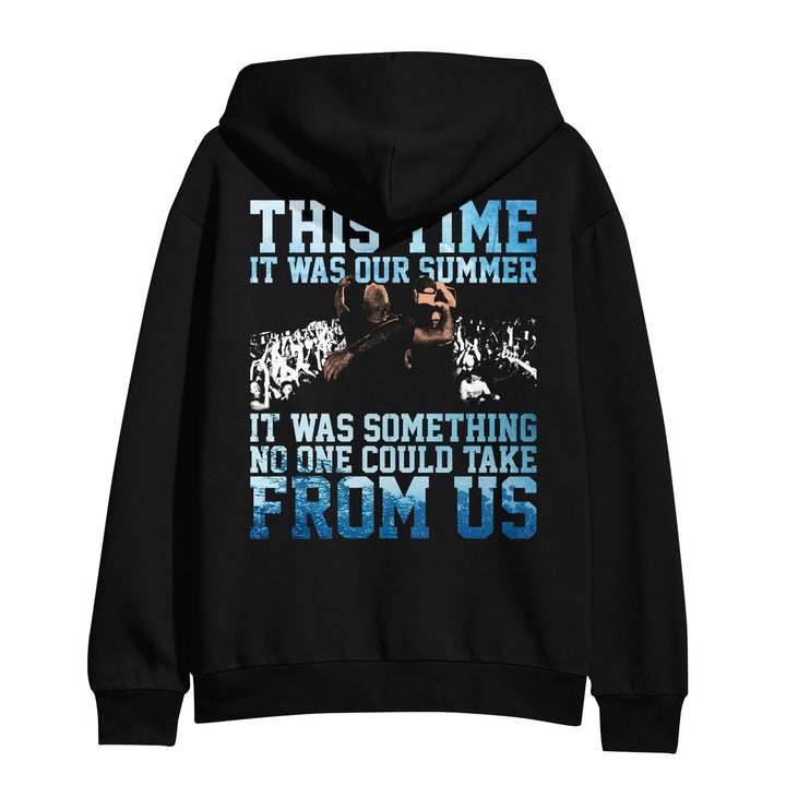 Black midweight pullover hoodie by Misery Signals featuring a graphic of two people on stage before a cheering crowd, plus bold white and blue text: THIS TIME IT WAS OUR SUMMER IT WAS SOMETHING NO ONE COULD TAKE FROM US.