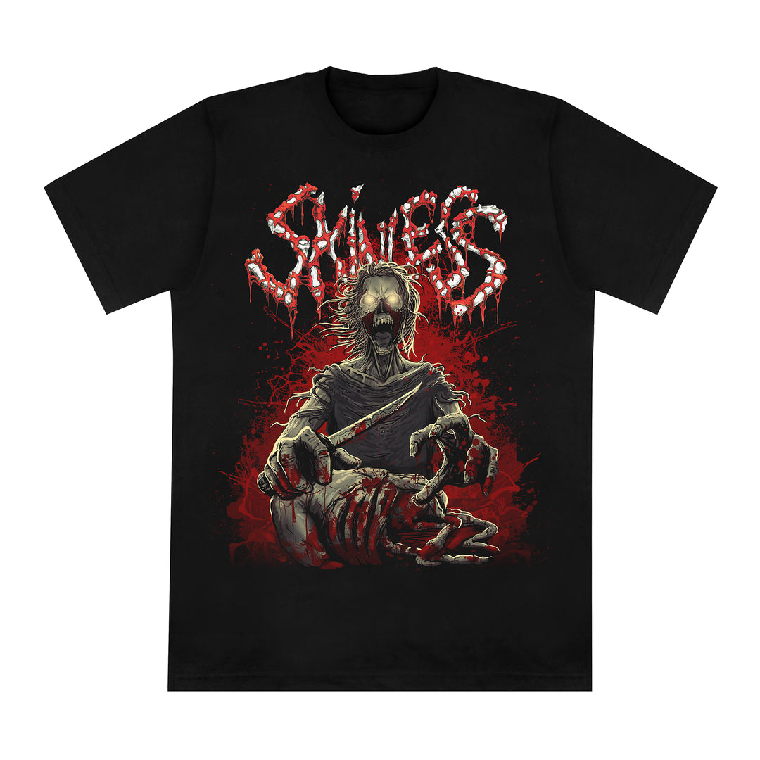 A black Skinless heavy cotton tee showcases a ghoulish figure with sharp teeth and tattered clothes holding a severed body over blood, with "SAVAGE" in dripping, blood-red letters above on this eye-catching printed shirt.
