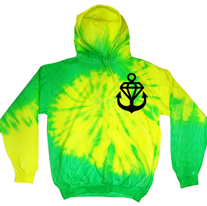 A green and yellow tie-dye hooded sweatshirt from Stay Sick Clothing, featuring a bold black anchor and diamond design on the left chest—ideal for any SLiMESQUAD fan.