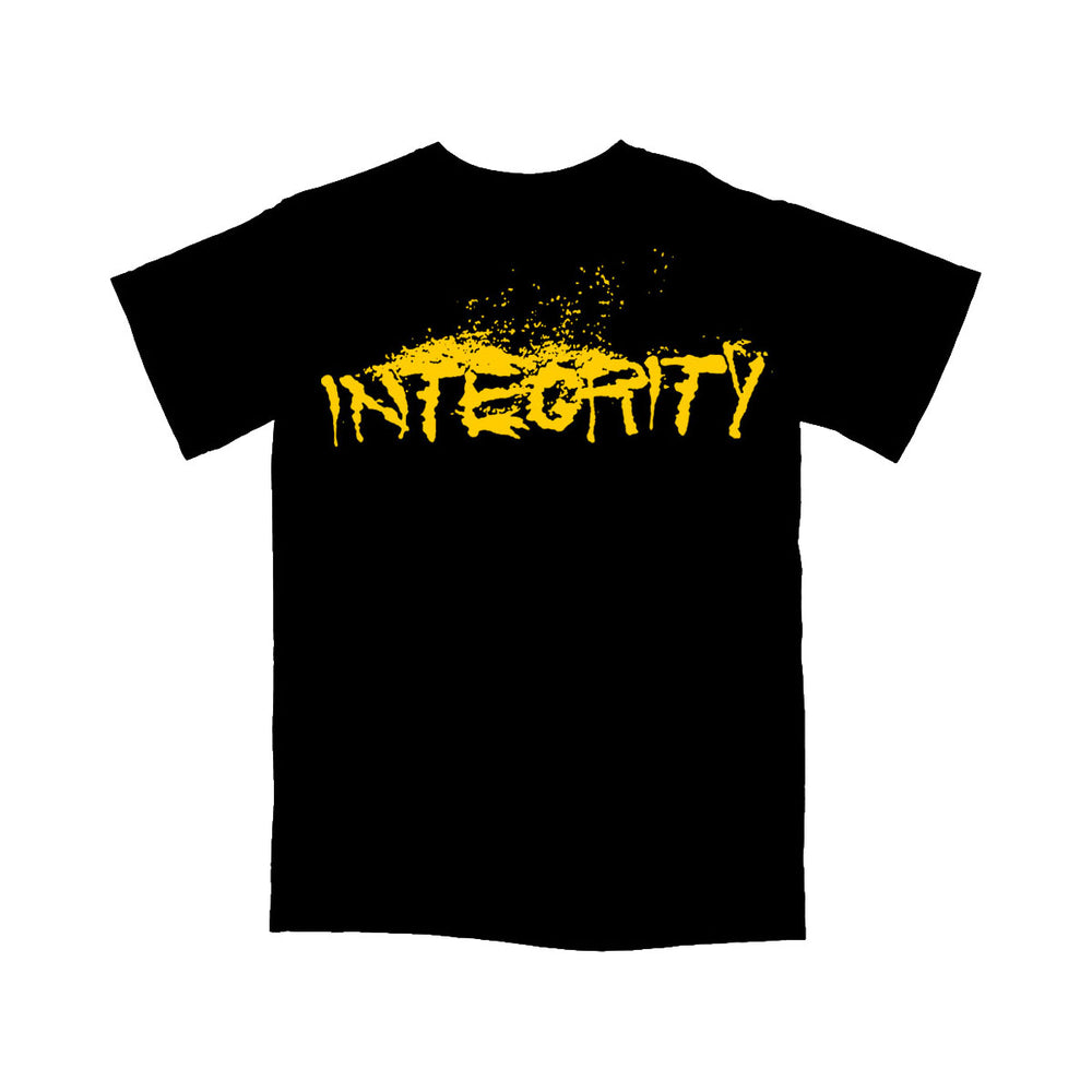 Black Integrity brand T-shirt made from heavy cotton, featuring the word INTEGRITY in bold, distressed yellow letters with a splattered paint effect across the chest.