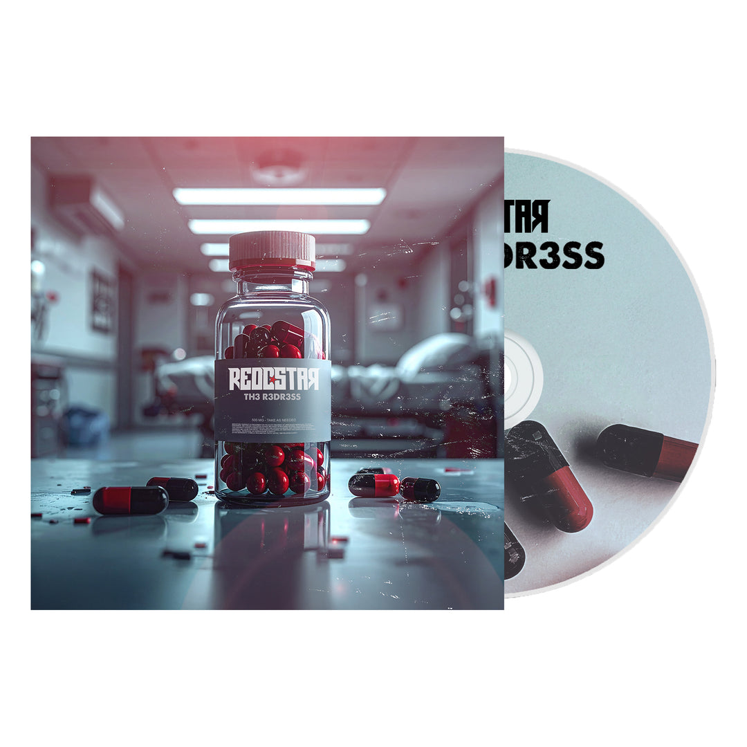 A REDDSTAR CD album cover displays a bottle of red and black capsules on a medical table in a clinical room, with loose capsules scattered around and a partially visible CD behind the cover.