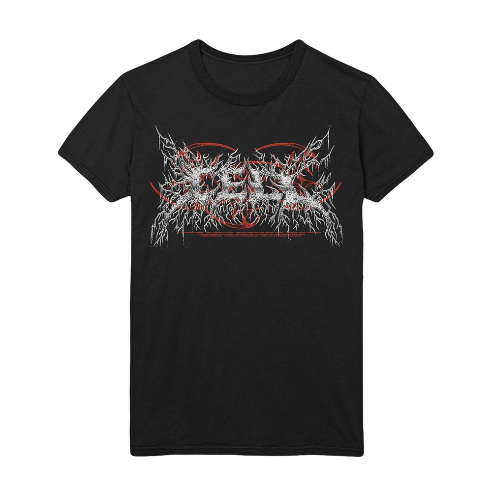 Cell black t-shirt with an intricate spiky white and gray graphic on the chest, accented by red circles and small red I Will Not Be Found text below the design, inspired by metal band logos.