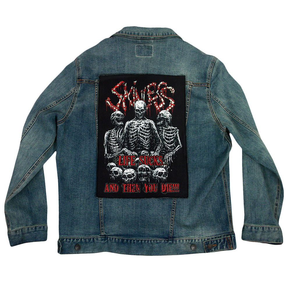 denim jacket with skinless Life Sucks Back Patch
