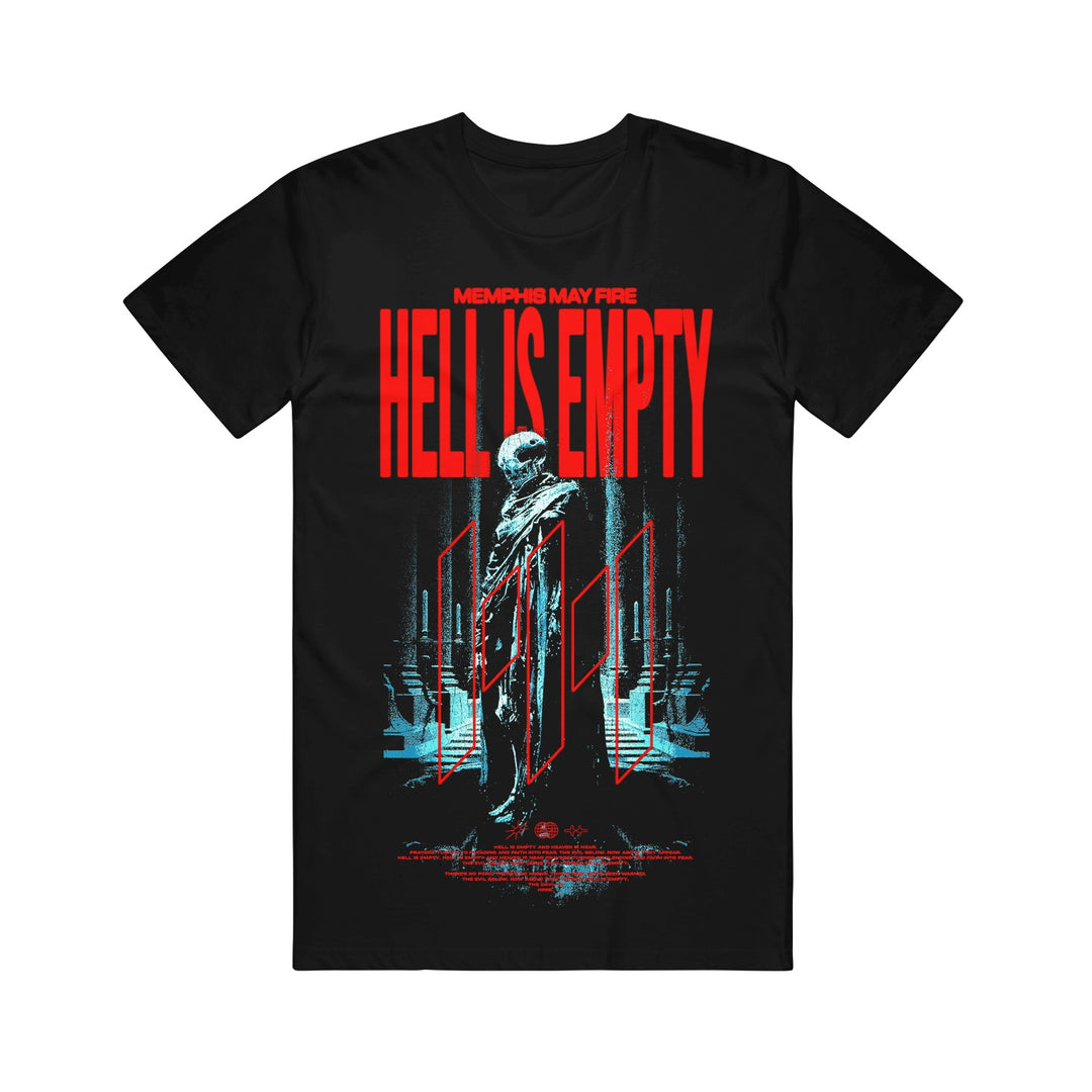Memphis May Fire Black Graphic Tee with a skeleton in tattered clothes, standing in a blue-lit corridor. Bold red text above says MEMPHIS MAY FIRE and HELL IS EMPTY. Features a dark, eerie gothic design.