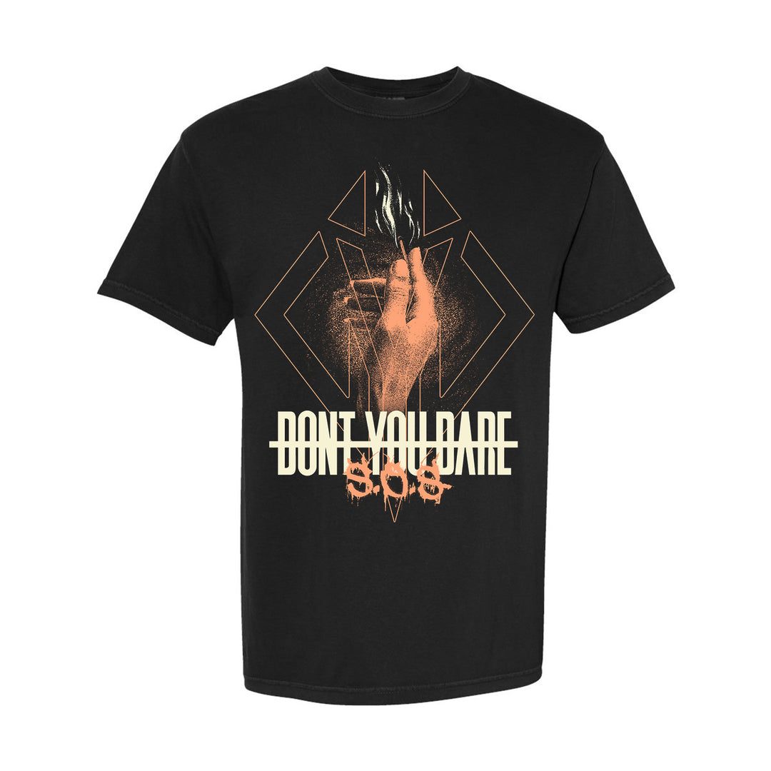 Don't You Dare black Comfort Colors T-shirt with a graphic of a hand holding a burning match, geometric shapes, and bold “DONT YOU DARE” and “S.O.S” text printed across the statement shirt.