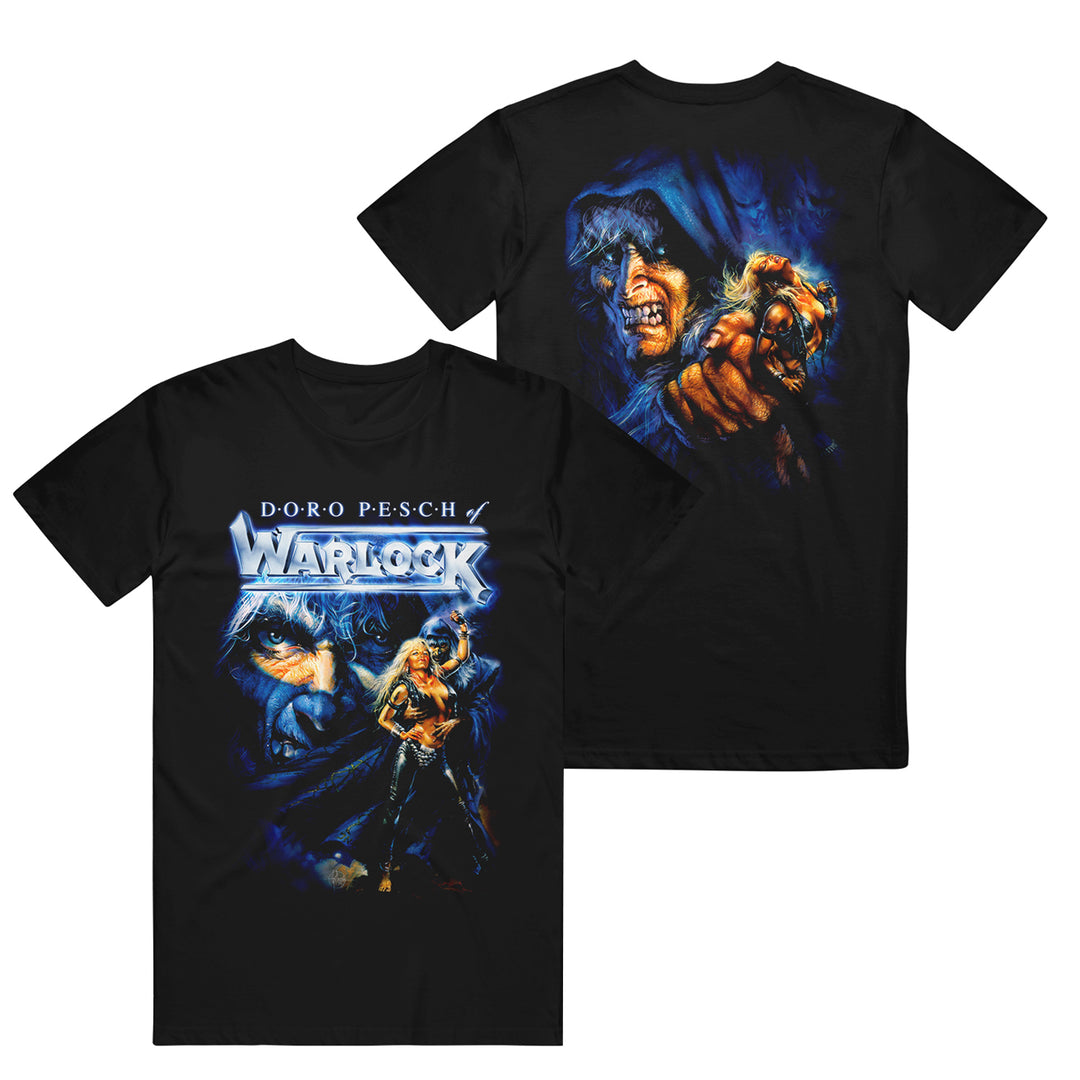 Black Doro Heavy Cotton T-shirt featuring a menacing blue creature and a woman with a sword, “Doro Pesch Warlock” text on front. Classic fit, with the creature’s face and clawed hand printed on the back.