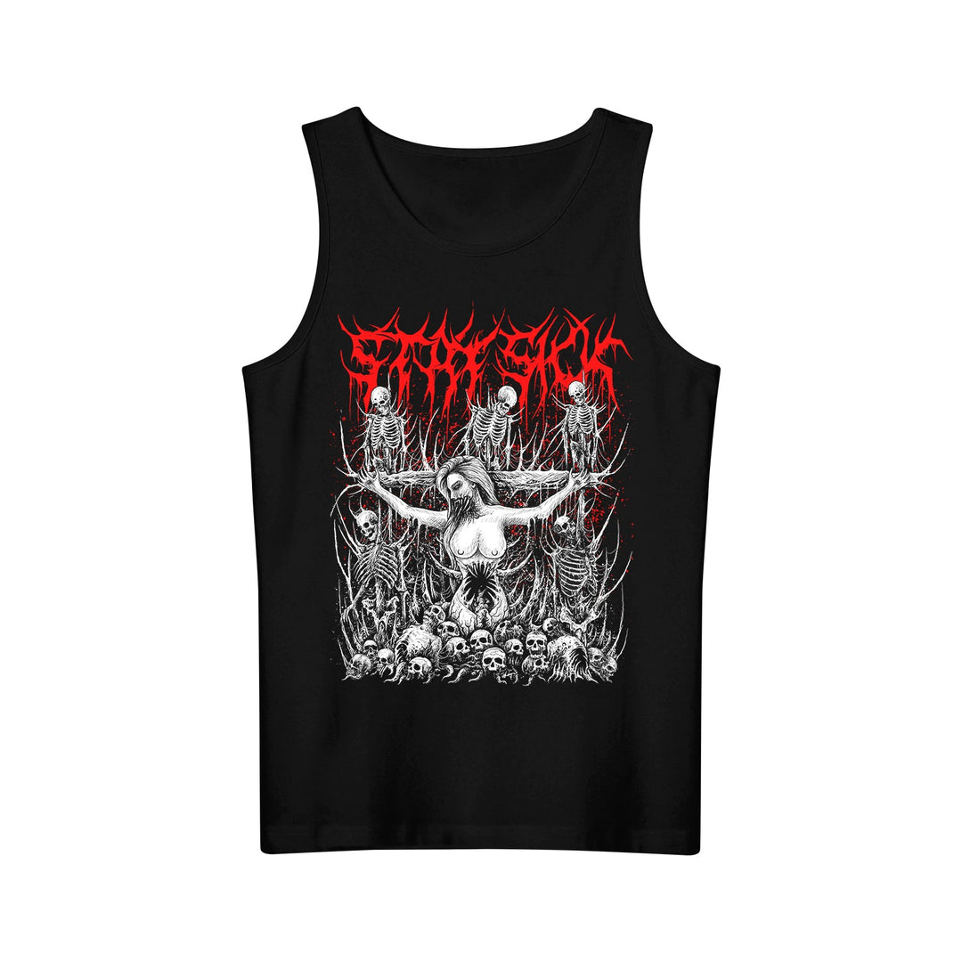 Stay Sick Clothing Black Tank Top with graphic of a woman tied to a cross, skeletons, skulls, and a spiky red logo in extreme metal style—perfect for fans of bold, dark designs.