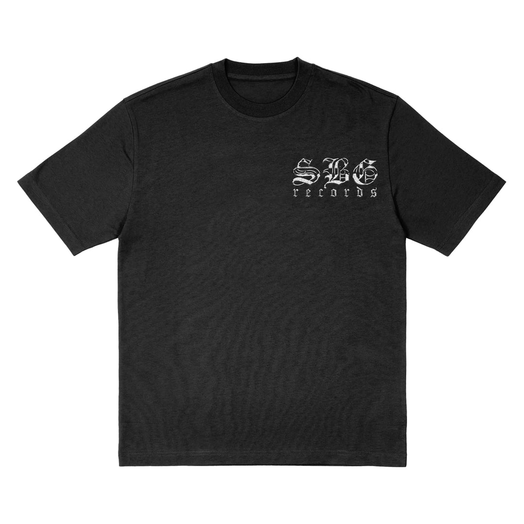 A black SBG Records t-shirt features white Gothic text on the left chest, printed on an American Apparel shirt.