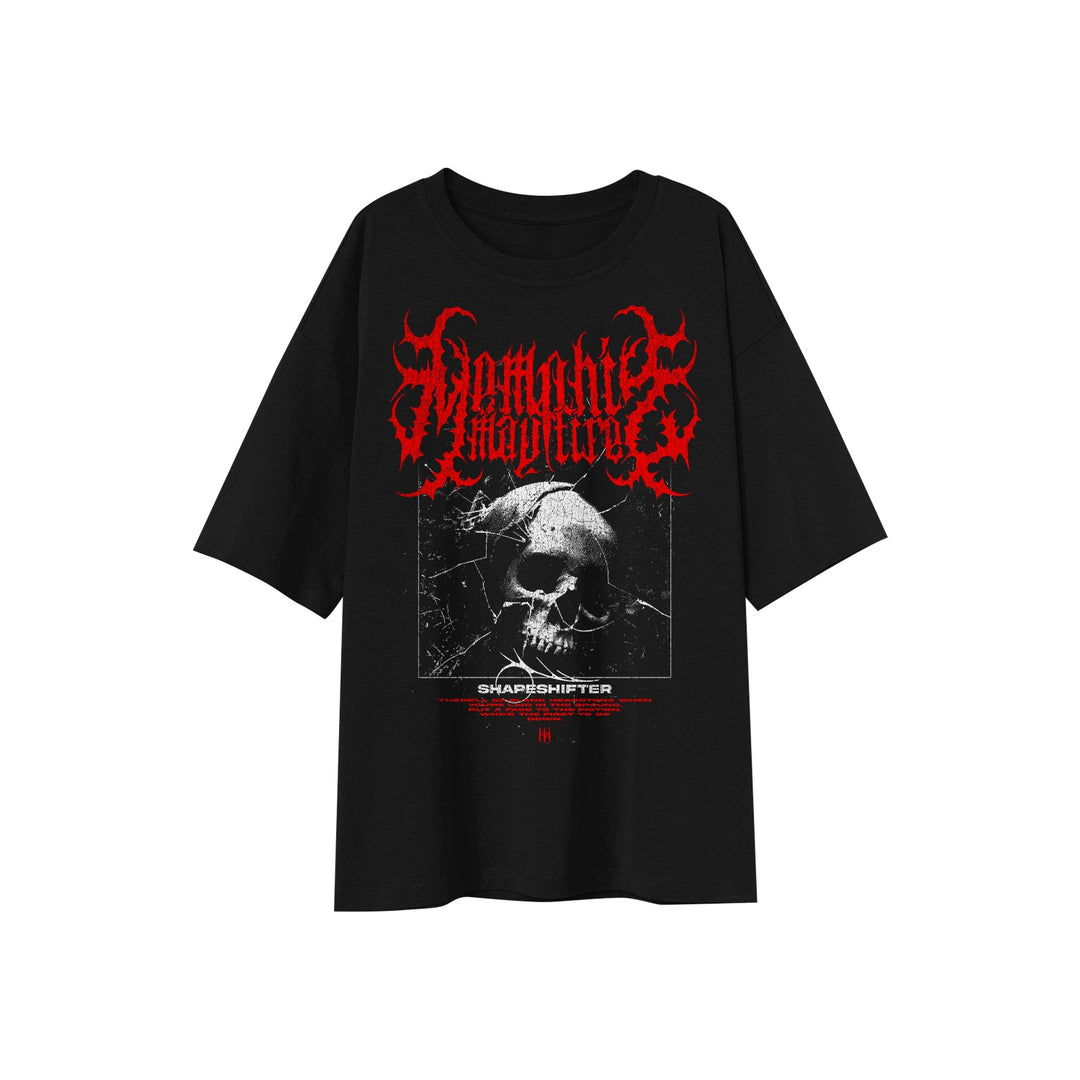 The Memphis May Fire Black T-Shirt features red and white graphic art with an oversized skull, web-like patterns, bold "Shapeshifter" text, short sleeves, and a relaxed fit for effortless style.