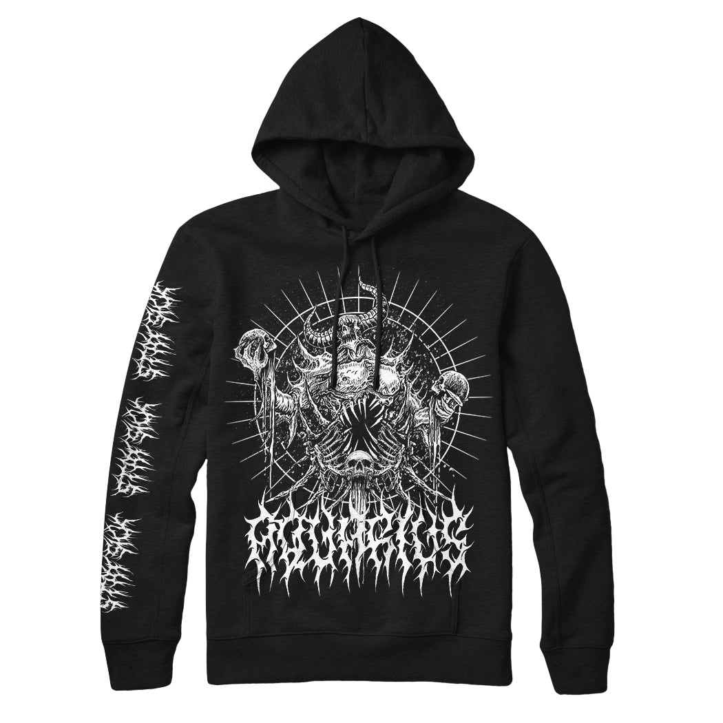 Stay Sick Clothing black hoodie with an intricate white gothic monstrous figure on the chest, spiky lettering below, and matching white designs down the right sleeve.