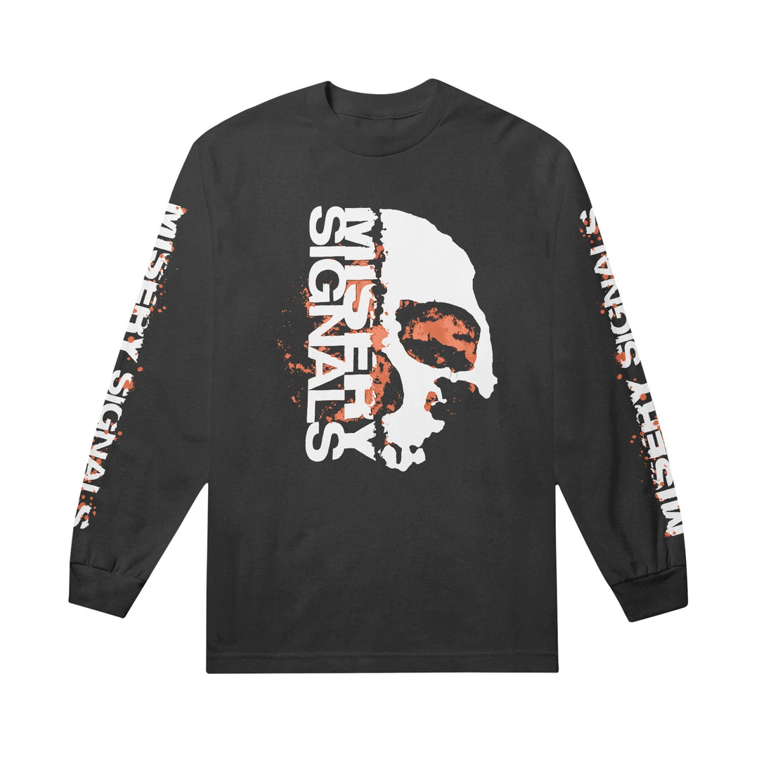 Misery Signals black long-sleeve tee with bold white "MISERY SIGNALS" text on front and sleeves, featuring a white skull and orange splatter graphic. Made from premium Comfort Colors fabric for extra comfort.
